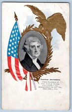 Pre-1907 THOMAS JEFFERSON EMBOSSED PATRIOTIC GOLD EAGLE AMERICAN FLAG POSTCARD picture