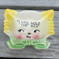 I WILL HOLD THE BAG Vintage Yellow Cat Green Bow Ceramic Tea Bag Holder Japan picture