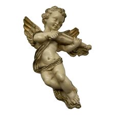 Vintage Chalkware Cherub Angel Playing Violin Wall Plaque Hanging Decor  5.5” picture