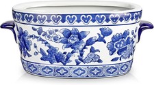 Blue and White Ceramic Planter Pot - Vintage Floral Oval Cachepot Vase for Indoo picture