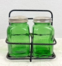 Vtg Salt & Pepper Shakers Green Embossed Glass Lids & Rack Stand Farmhouse picture