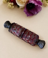 Antique 1875 French Cranberry Cut Glass Double Scent & Salts Bottle Solid Silver picture
