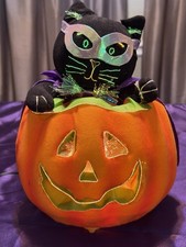 Vintage 2000s Fiber Optic Black Cat Jack O Lantern Halloween Decoration Plug In picture