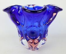 Vintage Cobalt Blue & Pink Sommerso Large Heavy Blown Ruffled Art Glass Vase picture