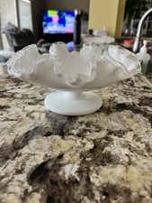 Vtg Silvercrest White Milk Glass Pedestal Crimped Candy Dish bowl 8” Fenton picture