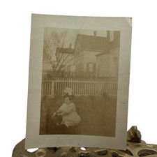 Antique 1900s Girl Yard House Snapshot Photo 2.75x3.75 Sepia Gelatin Orig picture