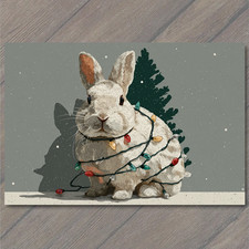 POSTCARD Christmas Bunny Wrapped In Lights Cute Rabbit Festive Tree Holiday Card picture