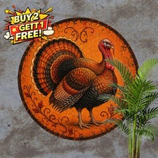 Thanksgiving Autumn Turkey Metal Sign Rustic Harvest Fall Round Tin Plaque Decor picture