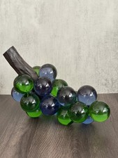 Vintage MCM Large Blue & Green Acrylic Lucite Grape Cluster on Wood Stem picture