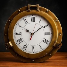 Nautical Brass Porthole Wall Clock, Vintage Maritime Roman Numeral Clock picture