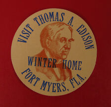 VINTAGE VISIT THOMAS EDISON WINTER HOME FORT MEYERS FLORIDA ROUND PAPER LABEL  picture
