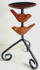 Candleholder with 2 Wooden Birds 9” High Cast Iron Metal picture