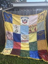 RARE silk WWII Pillow Case Quilt Blanket 83”x80” Fringe Border picture