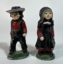 2 Vintage Antique Cast Iron Figures Amish Mennonite Quaker Pennsylvania Couple picture