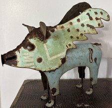 Handmade Metal Pig Folk Art Recycled Vintage Signs Rustic Farmhouse Decor 18x16” picture