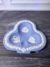 Vtg Wedgwood Blue Jasperware Clover Divided Trinket Dish Card Tray England picture