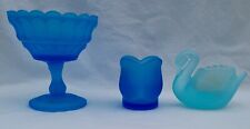 Vintage 3 piece Blue Satin Glass Candle Holders Swan Votive  Kanawha & Paragon picture