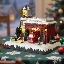 Resin Christmas Village Building, Fire Station with LED Lights & Multiple Music picture