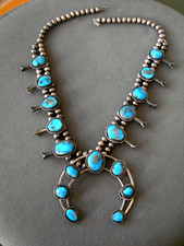 Native American Navajo Bisbee Turquoise Sterling Silver Squash Blossom Necklace picture