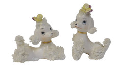 Pair Vintage Bone China Spaghetti Poodle Dogs with Pansy on Head Figurine picture