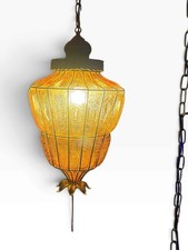Vintage 1960s Amber Glass Swag Lamp Hollywood Regency Hanging Light Pull Chain picture