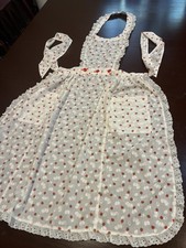 Vtg Sheer Strawberry Pinafore Apron White Organza Eyelet Ruffle Pocket Mid Cent picture