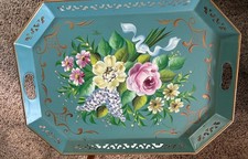 VTG Hand Painted Floral Serving Tole Tray Aqua  Cottage Core 22
