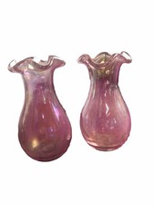 2 Pink Glass Vases Hand Blown Bud Vase 5” Tall Wavy Top Edge picture