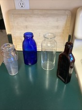 4 Unique Vintage Bottles - Apothecary Milk Medicine Cobalt Blue Brown Clear picture
