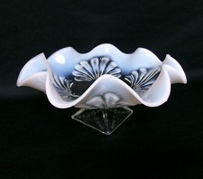 Gorgeous Ruffled Edge Vintage Moonstone Opalescent Glass Pedestal Dish Bowl picture