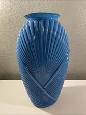 Vintage Anchor Hocking French Blue Art Deco Revival Draped Glass Vase 12.5