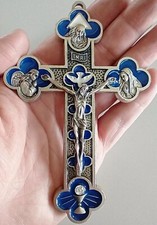 Catholic Blue Enamel Tertium Millennium 5 Way Cross XL Wall Crucifix 5+