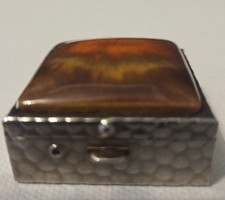 Vintage Amber Lucite Pill Box Divided Hammered Silver Tone Case Mid Century picture