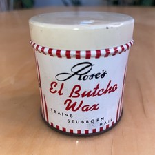 Rare Rose's El Butcho Hair Wax (Butch) Waterloo, IOWA TIN MCM 3 Oz Red & White picture