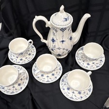 Churchill Made in England Blue & White Floral Coffee pot/Lid 5 Cups Saucers picture