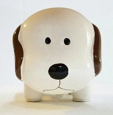 WHITE w/ BROWN MINI CERAMIC DOG PIGGY BANK LARGE SLOT COINS BILLS MONEY SAVE   picture