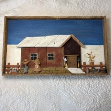 VTG Folk Art Cottagecore Wooden Diorama Wall Hanging Farm Barn Country Goose picture