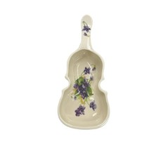 Leneige Vintage Ceramic Violin Shaped Trinket Dish Purple Violets Floral Cream picture