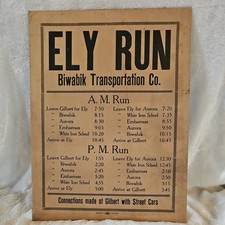 Vintage Ely-Gilbert MN Bus Schedule Poster Biwabik Transportation Co 1915-1924 picture