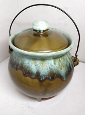 VINTAGE HULL GREEN DRIP FOOTED BEAN POT WITH WIRE HANDLE & LID USA  picture