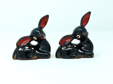 Redware Clay Pair of Deer Figurines Black Hand Painted MCM 1960s style euc picture