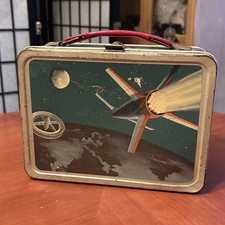 Vintage 1958 Thermos Brand Space Age Astronauts Satellite Lunch Box. No Thermos. picture