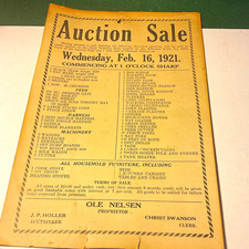 1921 Auction Sale Farm Dispersal Broadside Flyer Ole Nielsen Feb 16, 1921 picture