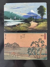 2 Vintage Japan Postcards 1928 1938 Mt Fuji Hand Painted Tokaido Okitsu Ukiyo-e picture