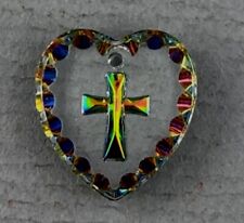 Vintage Rainbow Crystal Christian Cross Heart Engraved Glass Pendant picture
