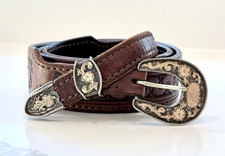 VINTAGE WESTERN RANGER BELT BUCKLE STERLING SILVER 10K GF OVERLAY LEATHER BELT picture