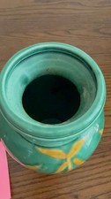 Vintage Green Ceramic Vase with Yellow Floral Design picture