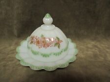 Victorian Milk Glass Domed Butter Dish Apple Blossom Transfer Green Trim picture