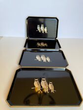 Vintage  Otagiri Original Japan Black Lacquer Tray 3 Owls HandCrafted Set Of 4 picture