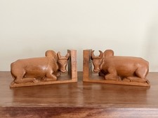 Vintage Hand Carved Wooden Ox Bookends Figural Bull on an L-Shaped Base picture